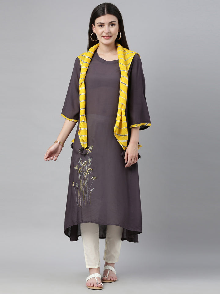 Neerus Grey muslin embroidered high-low kurti - detail view 5
