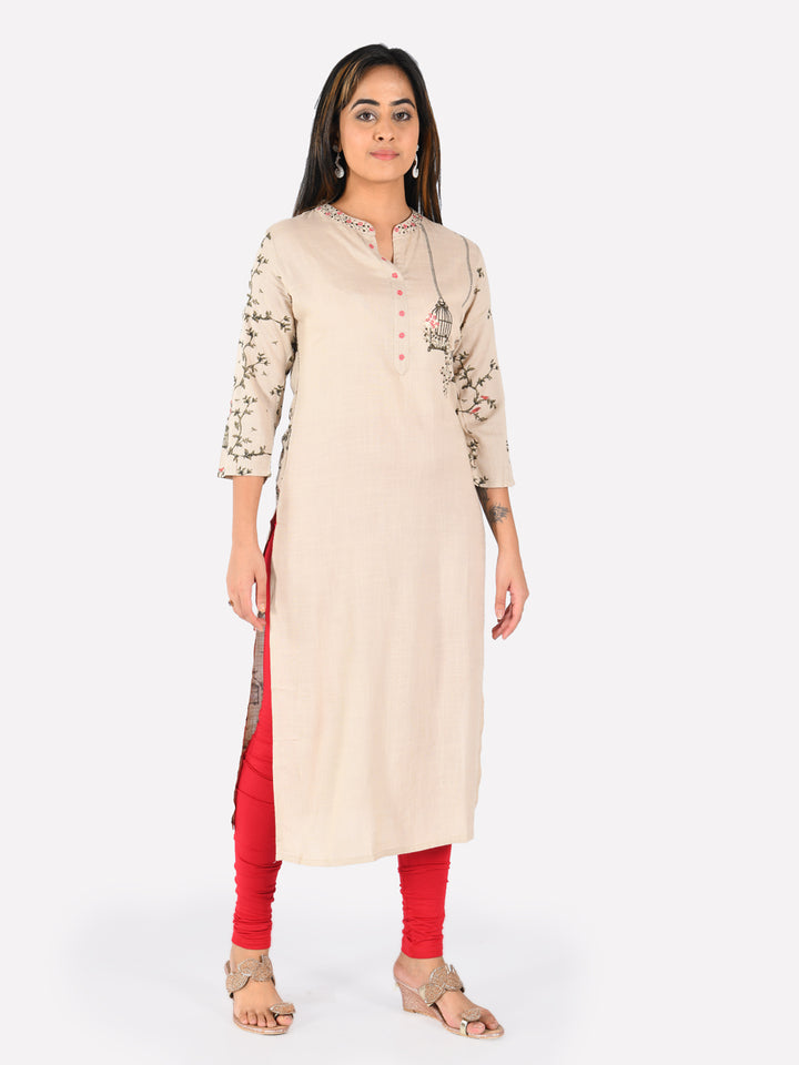 Neerus Beige Embroidered Straight Kurta