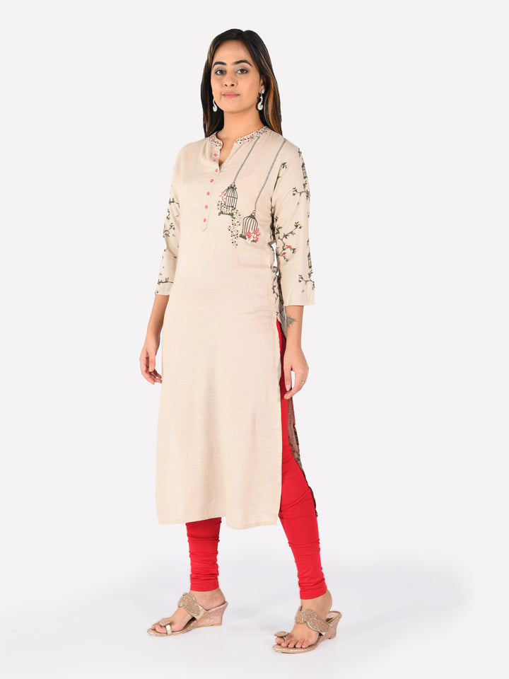 Neerus Beige Embroidered Straight Kurta
