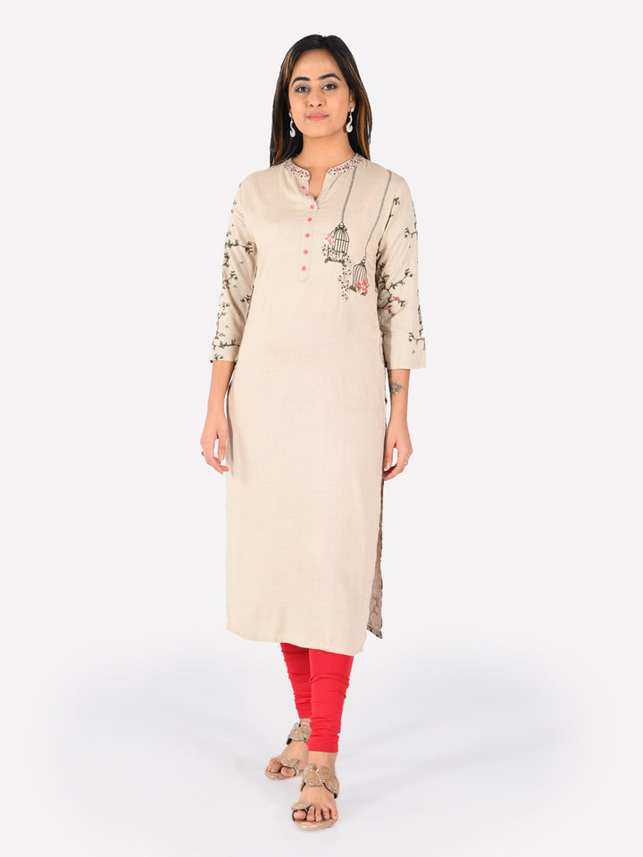 Neerus Beige Embroidered Straight Kurta