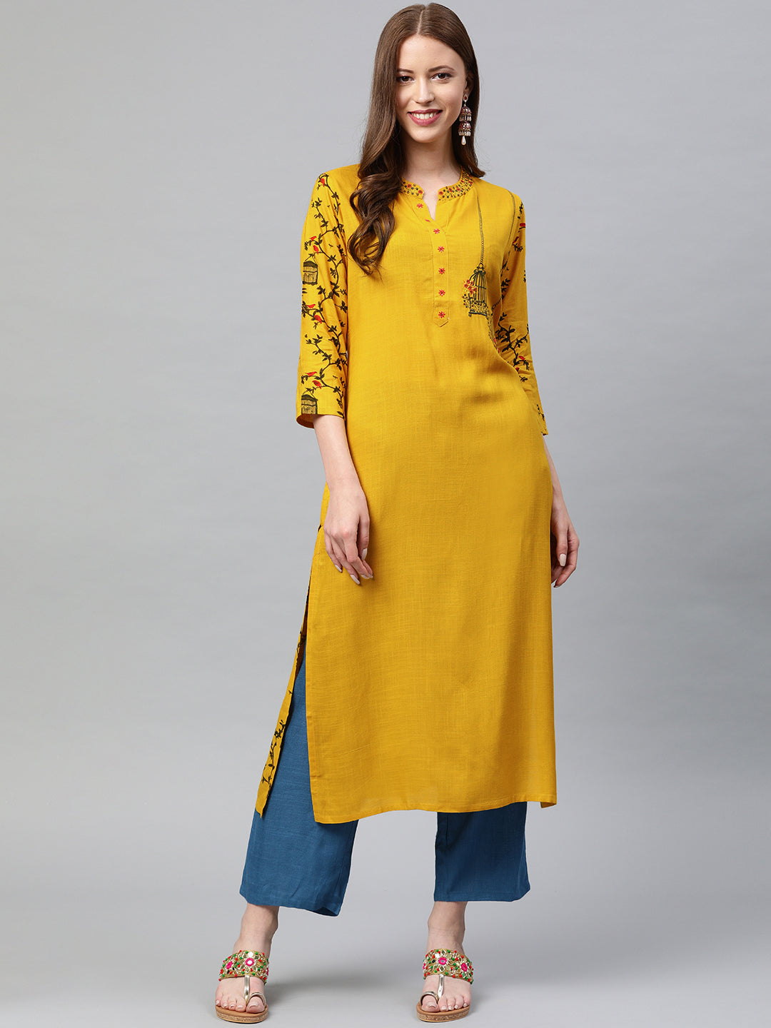 Neerus Women Mustard Yellow Black Quirky Printed Straight Kurta With Embroidery