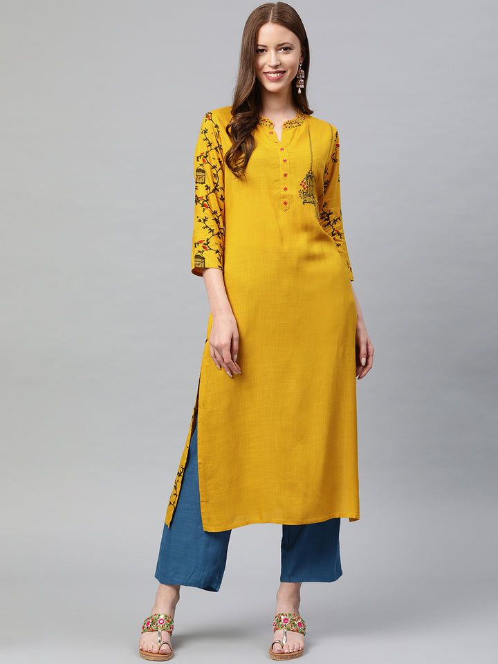 Neerus Women Mustard Yellow Black Quirky Printed Straight Kurta With Embroidery