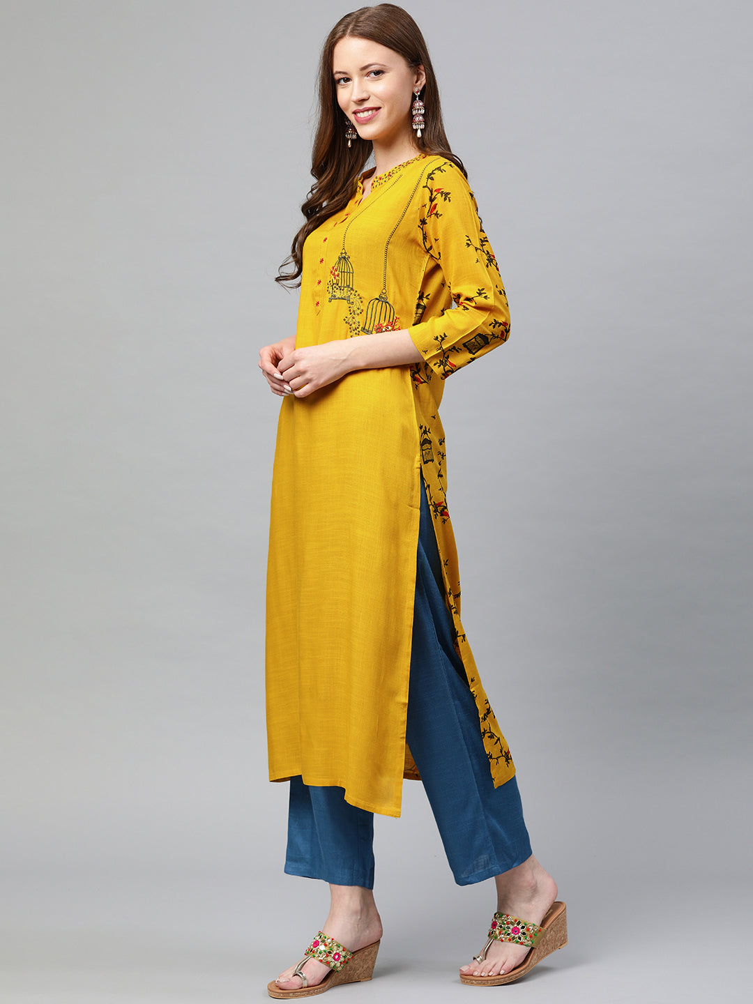 Neerus Women Mustard Yellow Black Quirky Printed Straight Kurta With Embroidery
