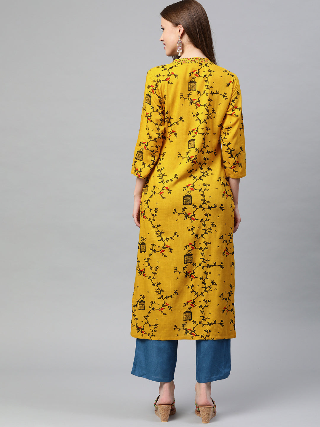 Neerus Women Mustard Yellow Black Quirky Printed Straight Kurta With Embroidery