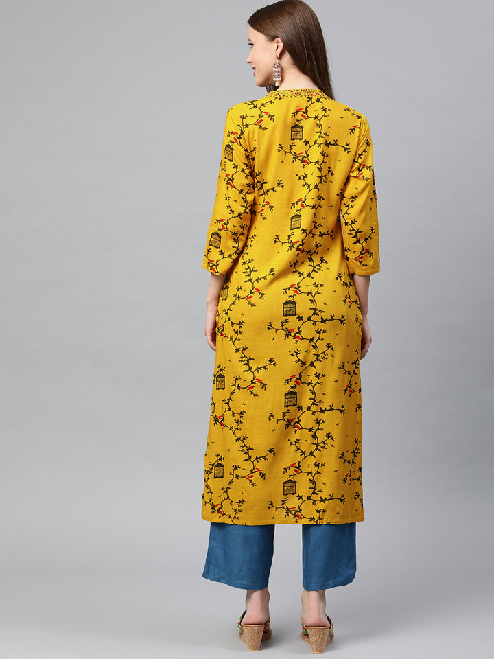Neerus Women Mustard Yellow Black Quirky Printed Straight Kurta With Embroidery
