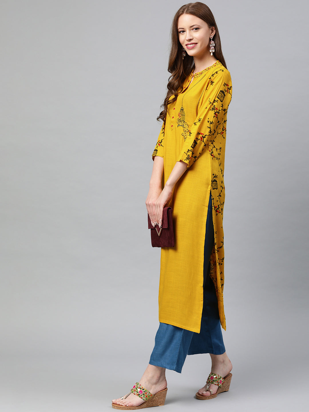 Neerus Women Mustard Yellow Black Quirky Printed Straight Kurta With Embroidery