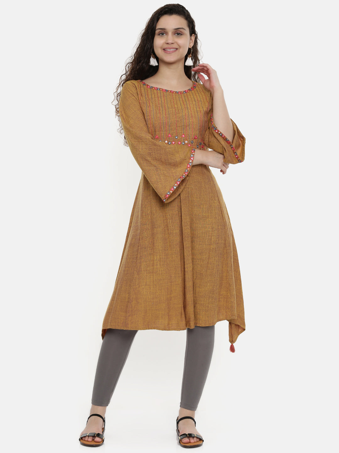 Neerus Brown Embroidered A Line Kurta