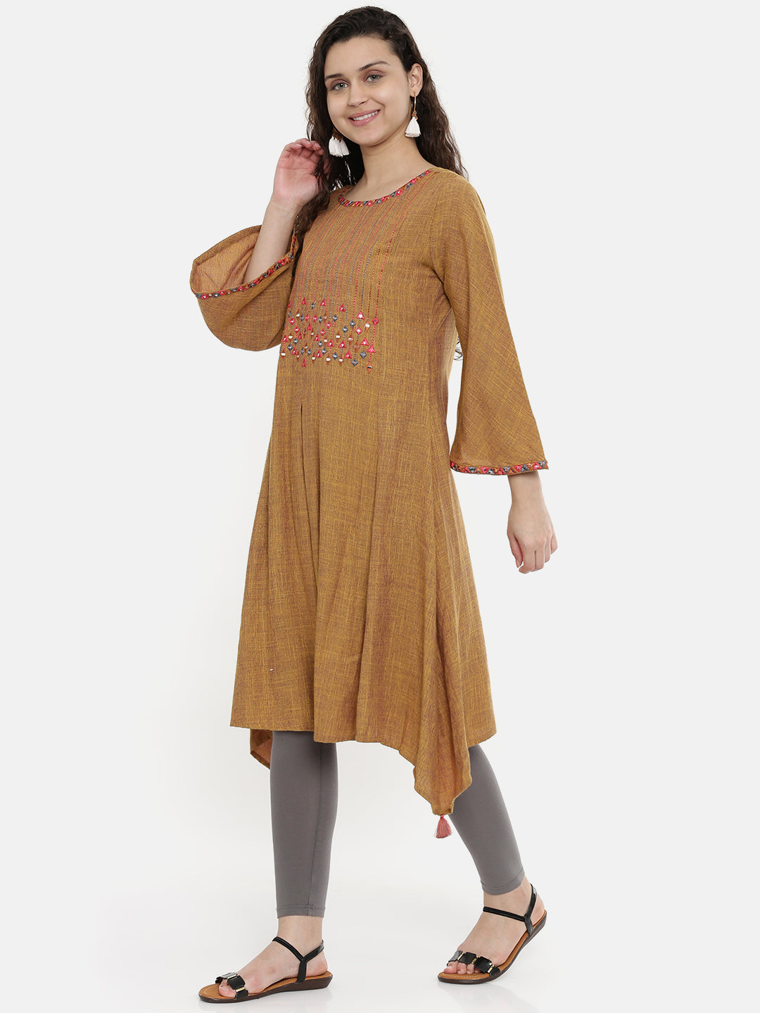 Neerus Brown Embroidered A Line Kurta