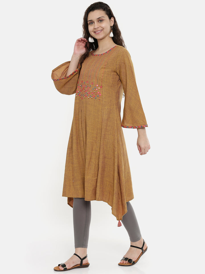 Neerus Brown Embroidered A Line Kurta