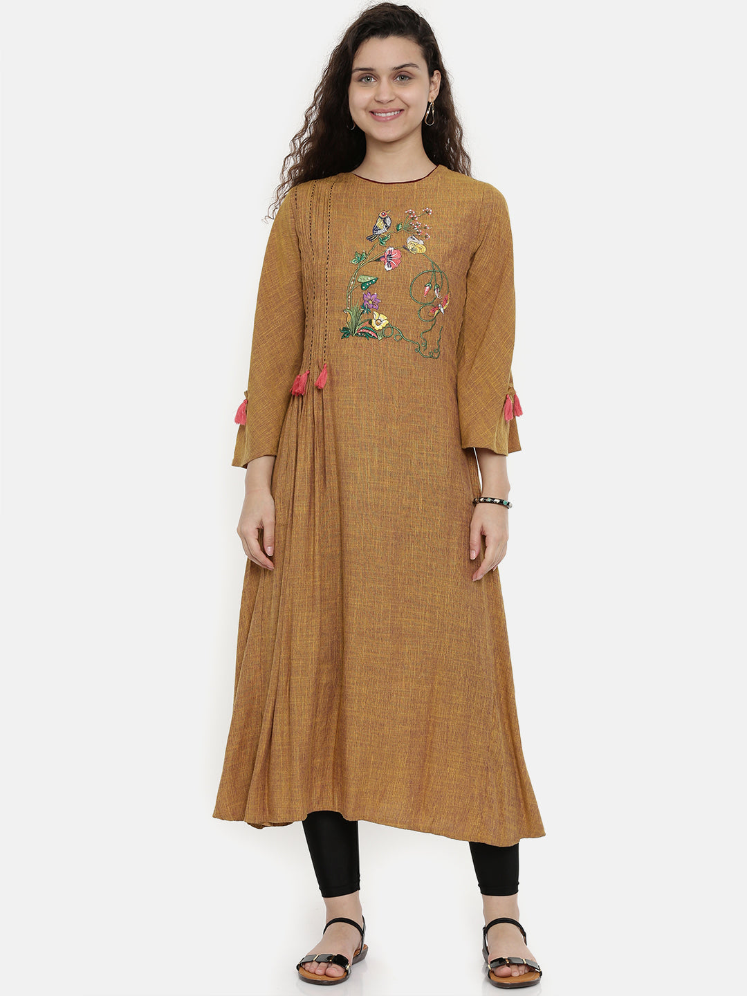Neerus Brown rayon embroidered A-Line kurta - front view