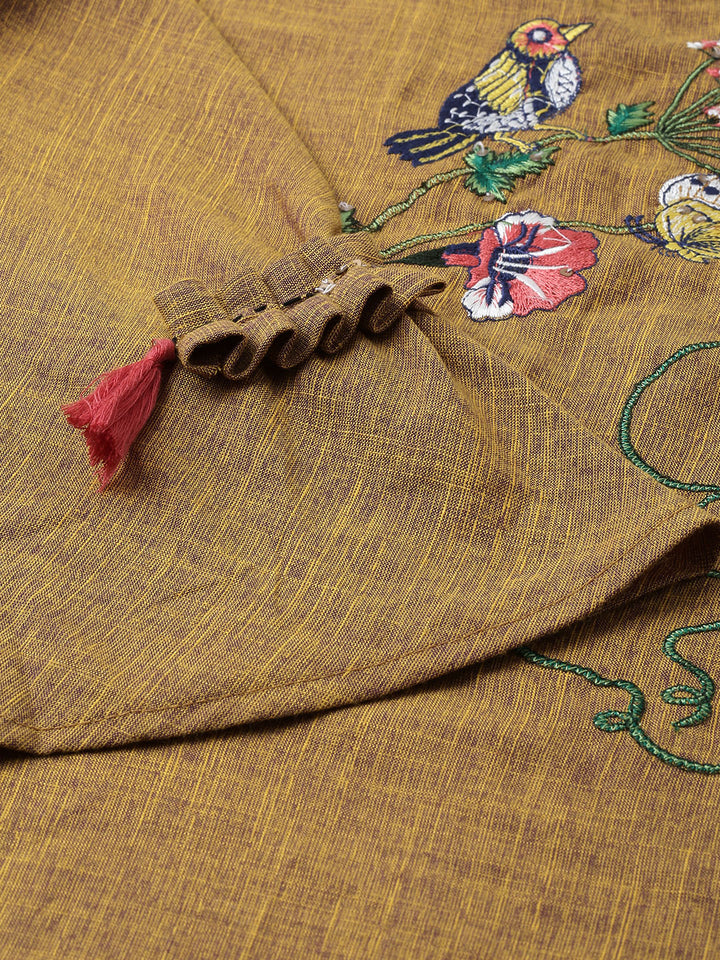 Neerus Brown rayon embroidered A-Line kurta - detail view 2