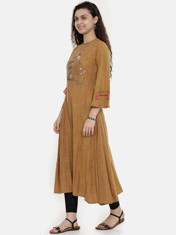 Neerus Brown rayon embroidered A-Line kurta - detail view 3