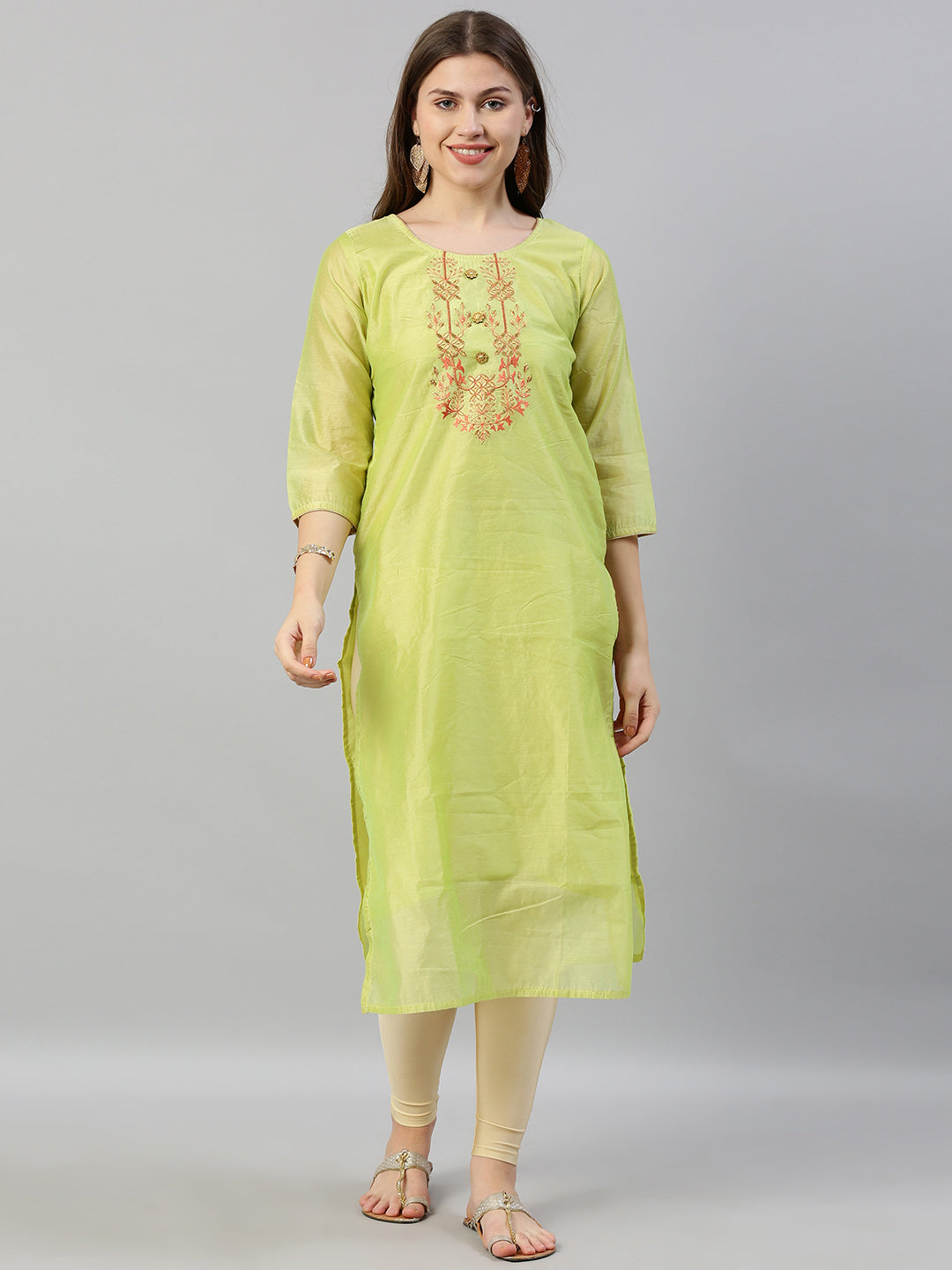 Neerus Women Green Solid Straight Kurta With Embroidered Detailing