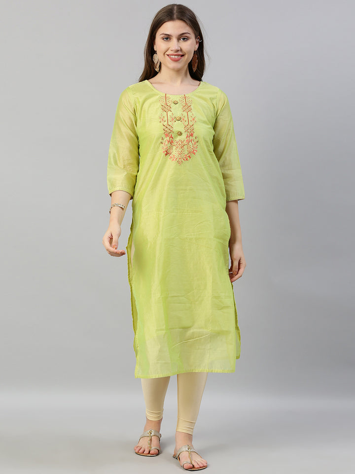Neerus Women Green Solid Straight Kurta With Embroidered Detailing