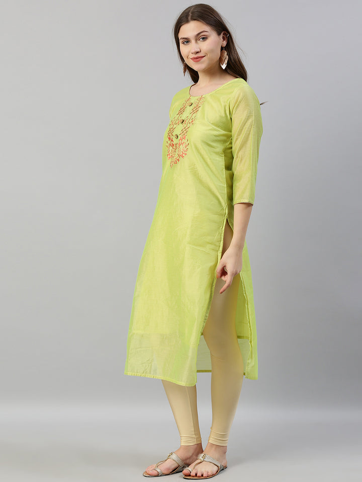 Neerus Women Green Solid Straight Kurta With Embroidered Detailing