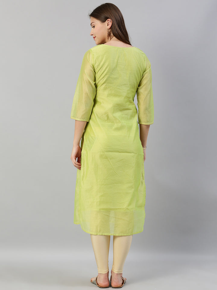 Neerus Women Green Solid Straight Kurta With Embroidered Detailing
