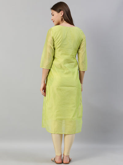 Neerus Women Green Solid Straight Kurta With Embroidered Detailing