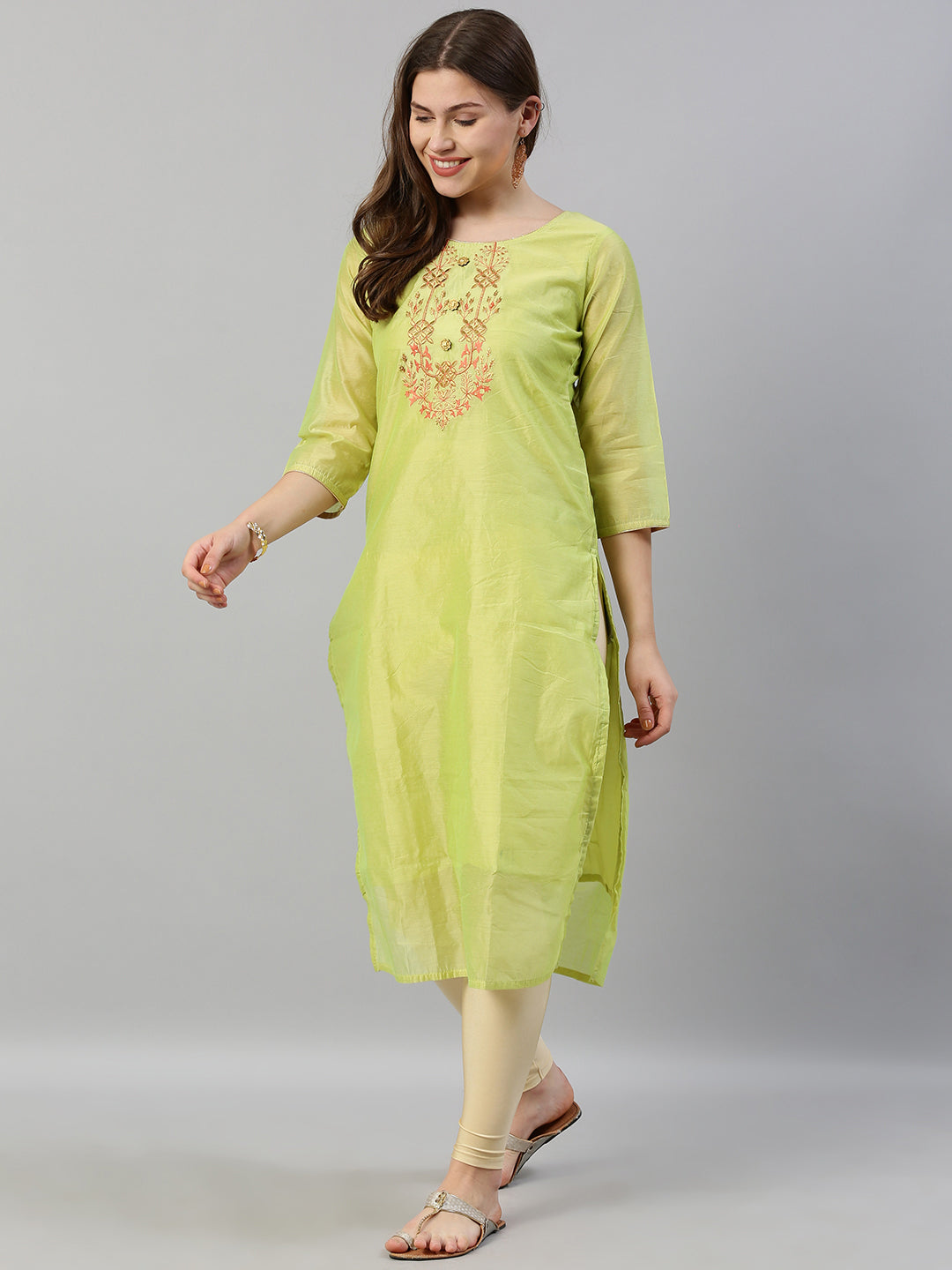Neerus Women Green Solid Straight Kurta With Embroidered Detailing
