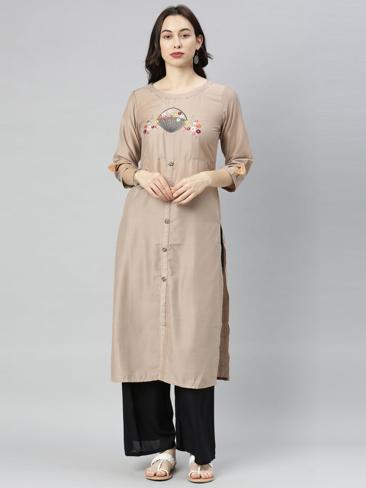 Neerus Beige Embroidered Straight Kurta