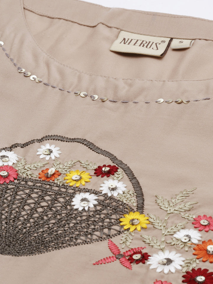 Neerus Beige Embroidered Straight Kurta