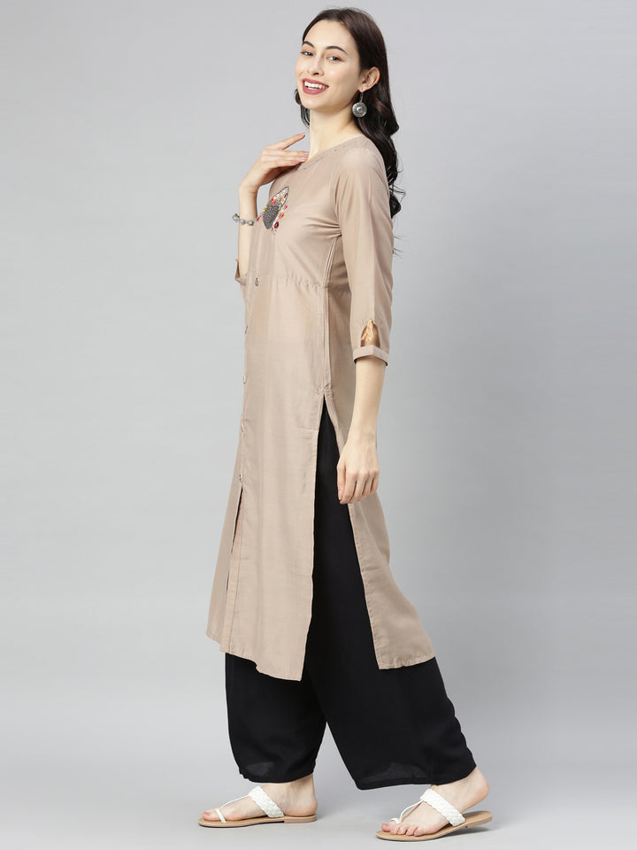 Neerus Beige Embroidered Straight Kurta