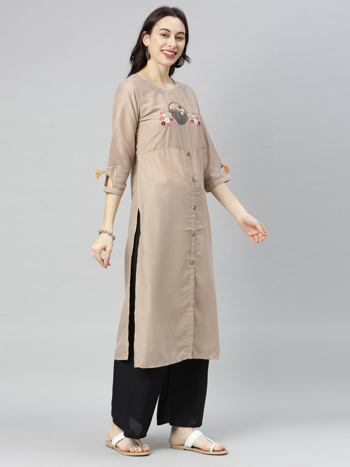 Neerus Beige Embroidered Straight Kurta