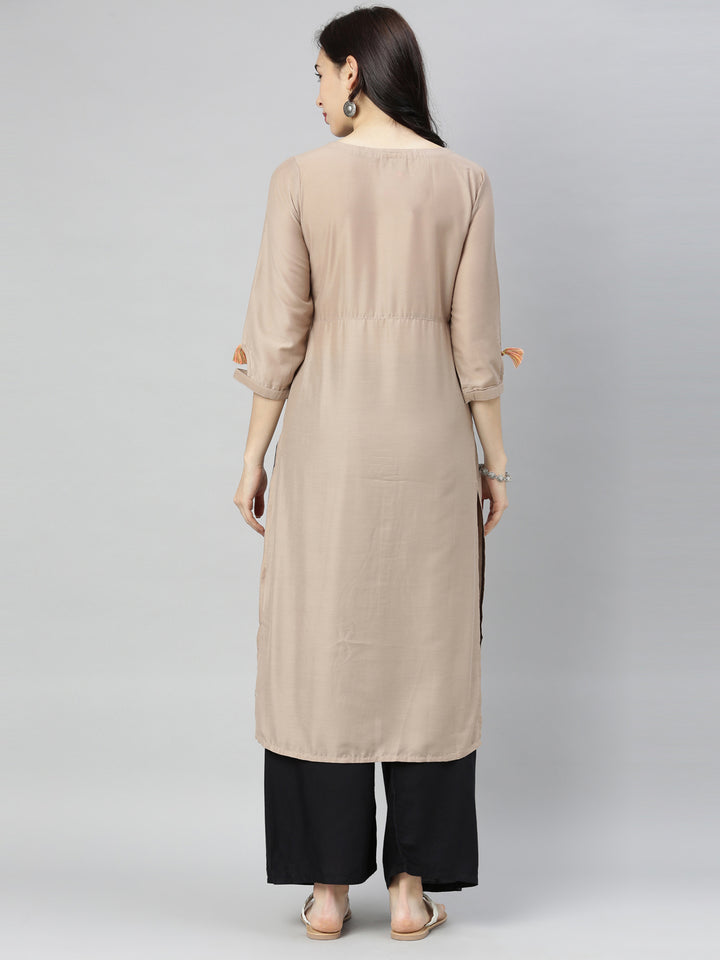 Neerus Beige Embroidered Straight Kurta