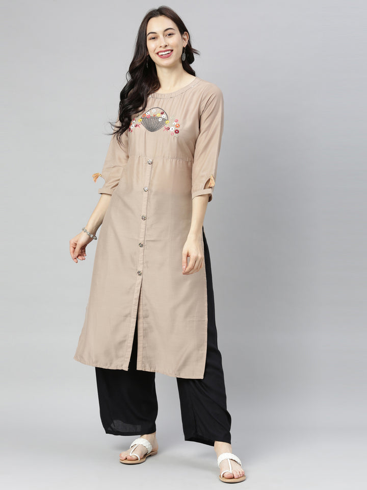 Neerus Beige Embroidered Straight Kurta