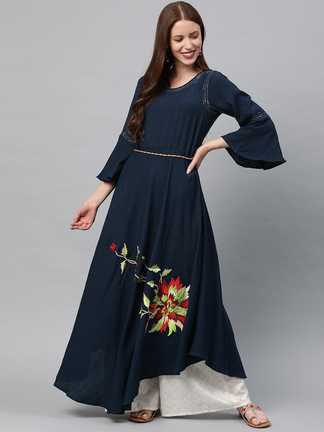 Neerus Blue Rayon Embroidered Anarkali Kurti - front view