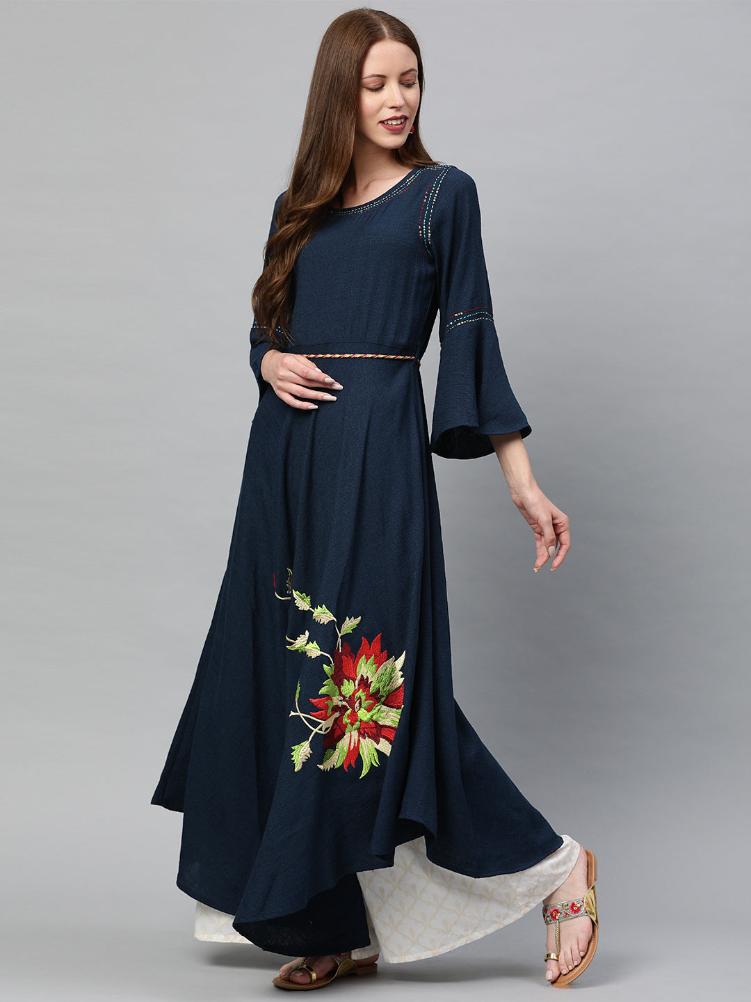Neerus Blue Rayon Embroidered Anarkali Kurti - side view