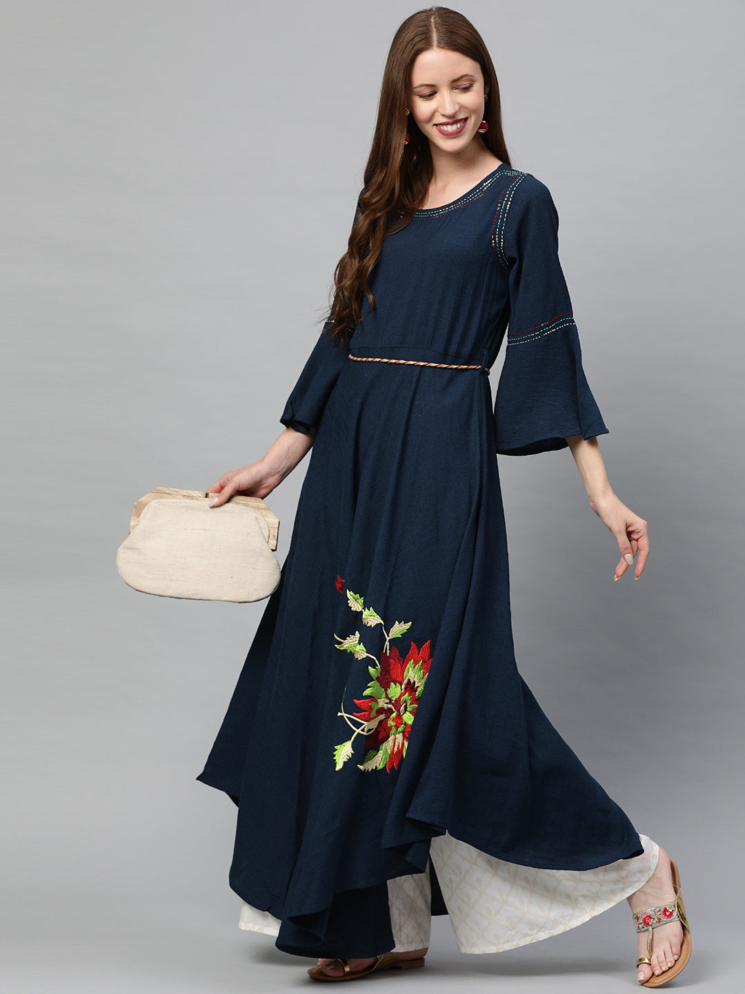 Neerus Blue Rayon Embroidered Anarkali Kurti - detail view 2