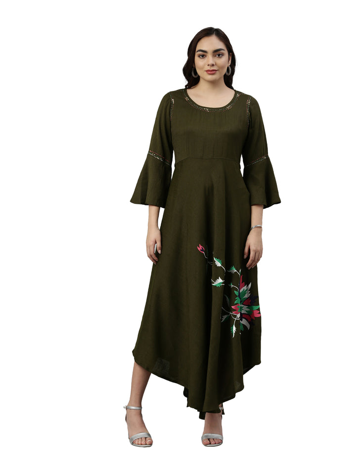 Neerus Olive Color Slub Rayon Fabric Kurta