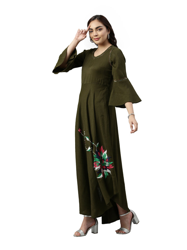 Neerus Olive Color Slub Rayon Fabric Kurta