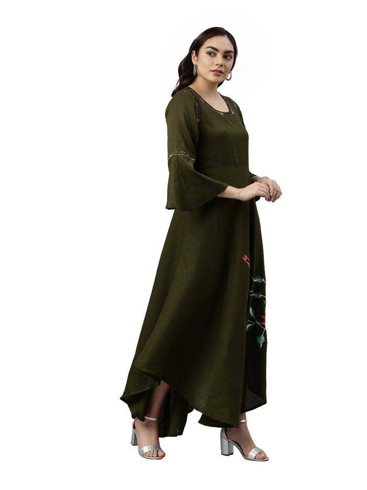 Neerus Olive Color Slub Rayon Fabric Kurta