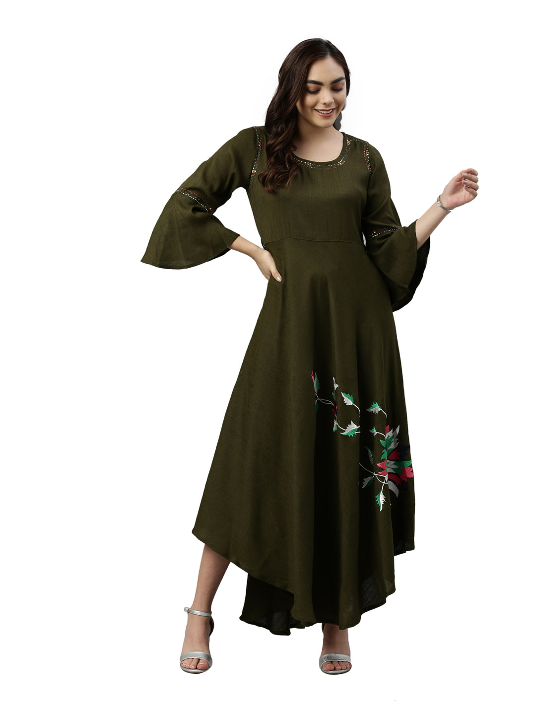 Neerus Olive Color Slub Rayon Fabric Kurta