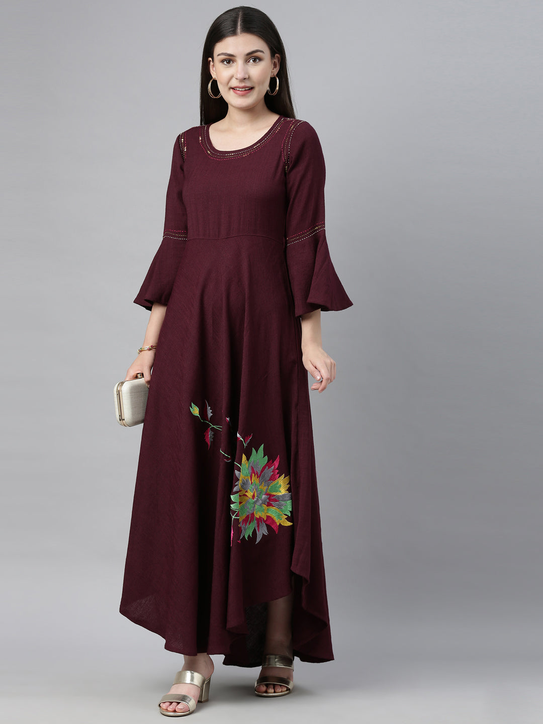 Neeru's Maroon Embroidered High Low Kurta