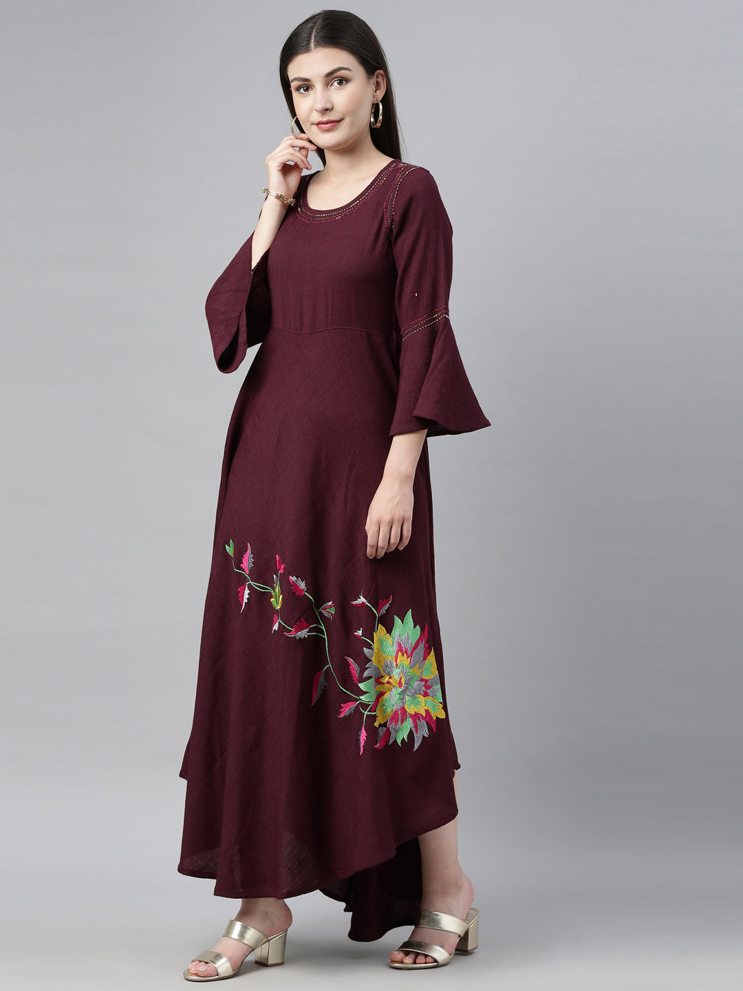 Neeru's Maroon Embroidered High Low Kurta