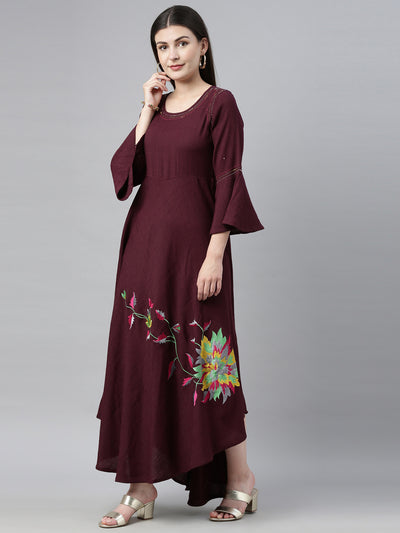 Neeru's Maroon Embroidered High Low Kurta