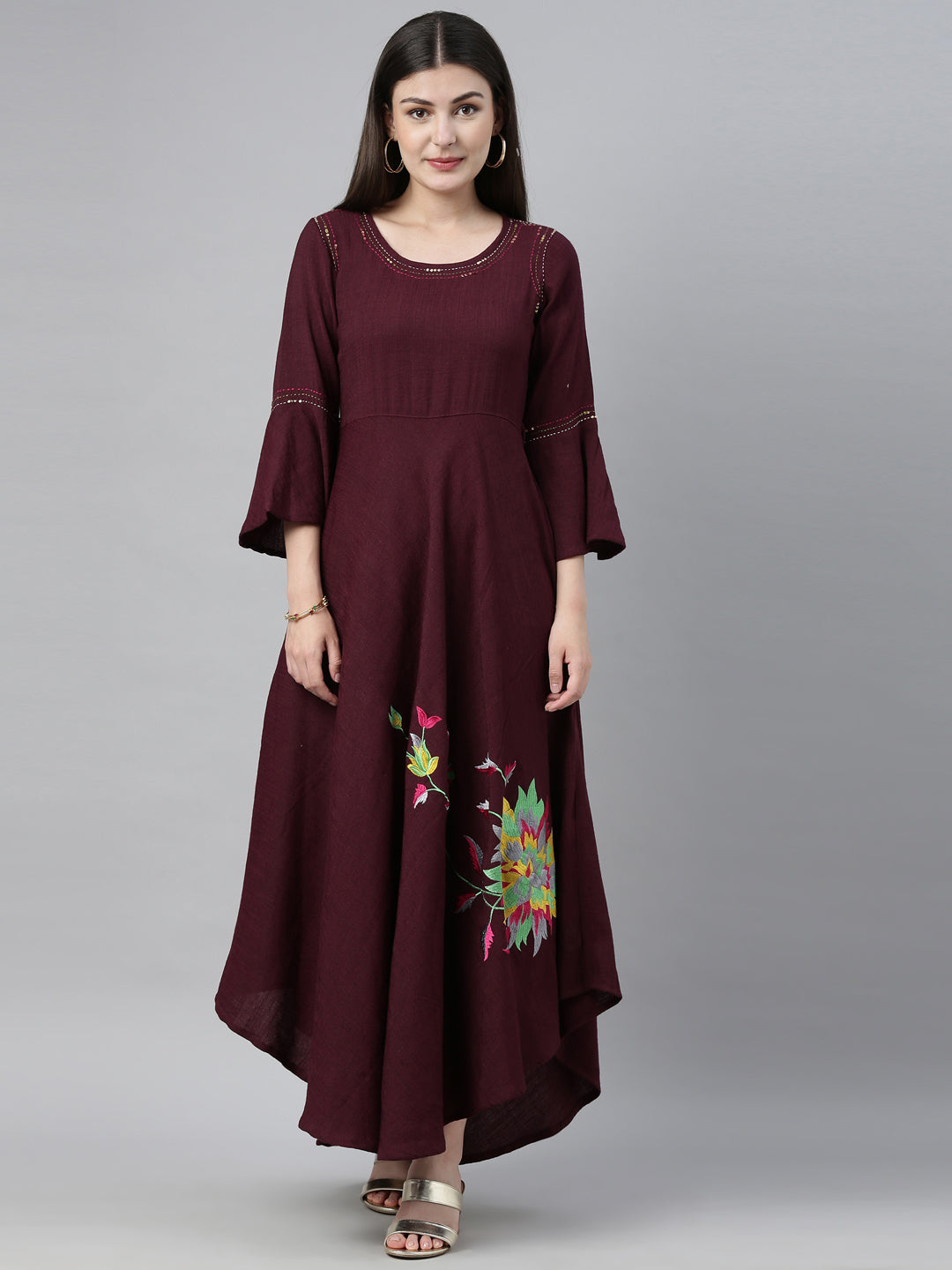 Neeru's Maroon Embroidered High Low Kurta