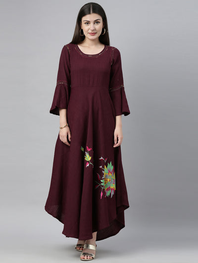 Neeru's Maroon Embroidered High Low Kurta