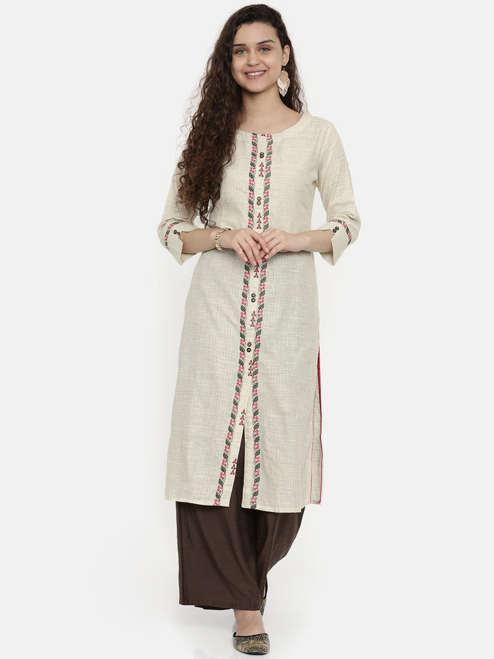 Neerus Beige cotton woven checked A-line kurta - front view