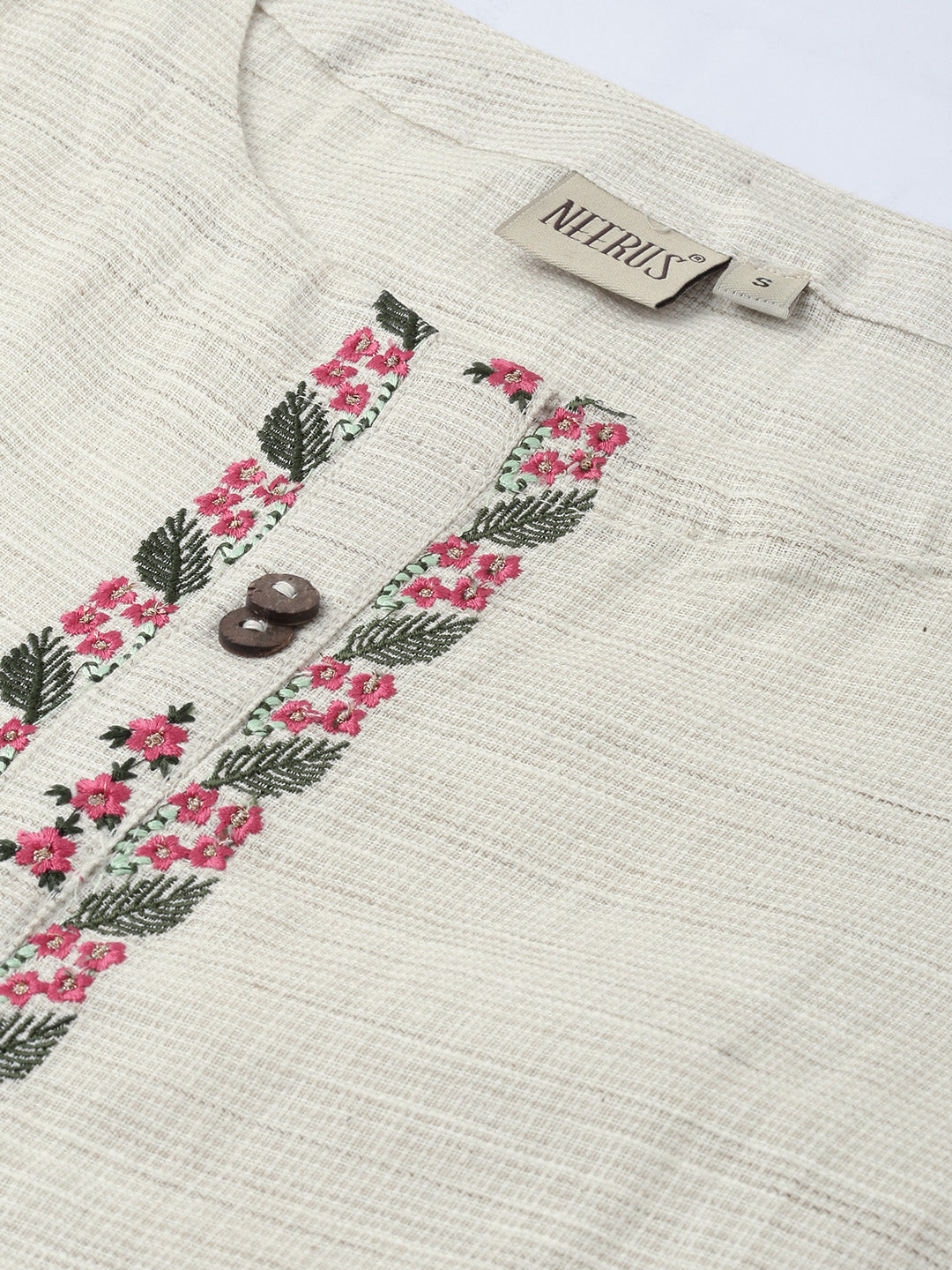 Neerus Beige cotton woven checked A-line kurta - back view