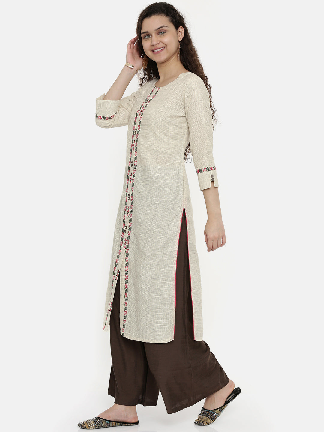 Neerus Beige cotton woven checked A-line kurta - side view