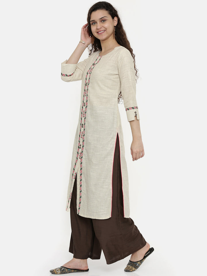 Neerus Beige cotton woven checked A-line kurta - side view
