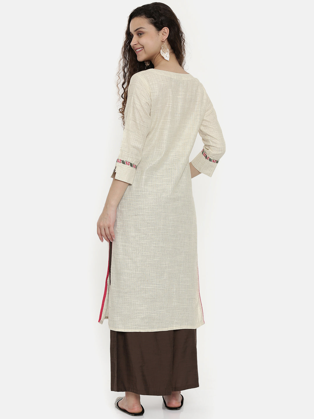 Neerus Beige cotton woven checked A-line kurta - detail view 1