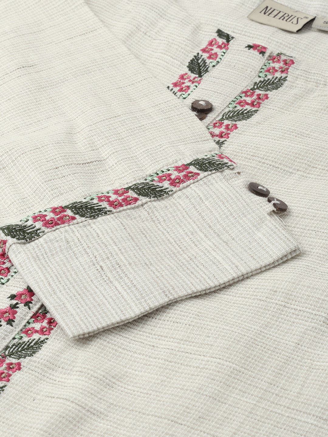 Neerus Beige cotton woven checked A-line kurta - detail view 2