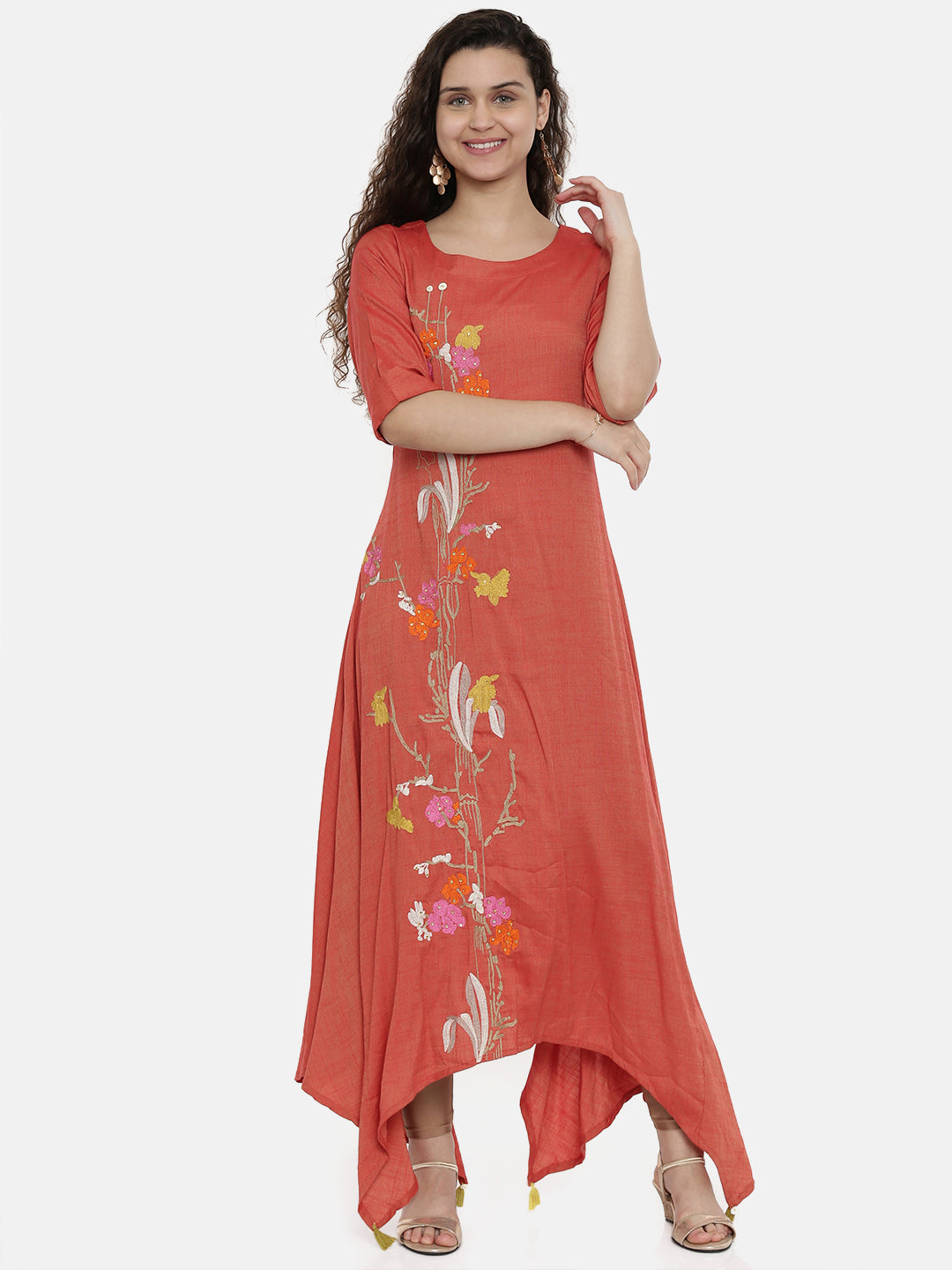 Neerus Orange rayon embroidered asymmetric A-line kurta - front view