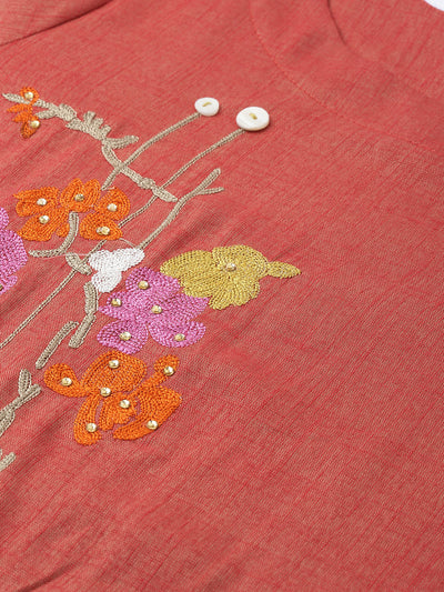 Neeru's Women Rust Red Floral Embroidered Asymmetric A-Line Kurta