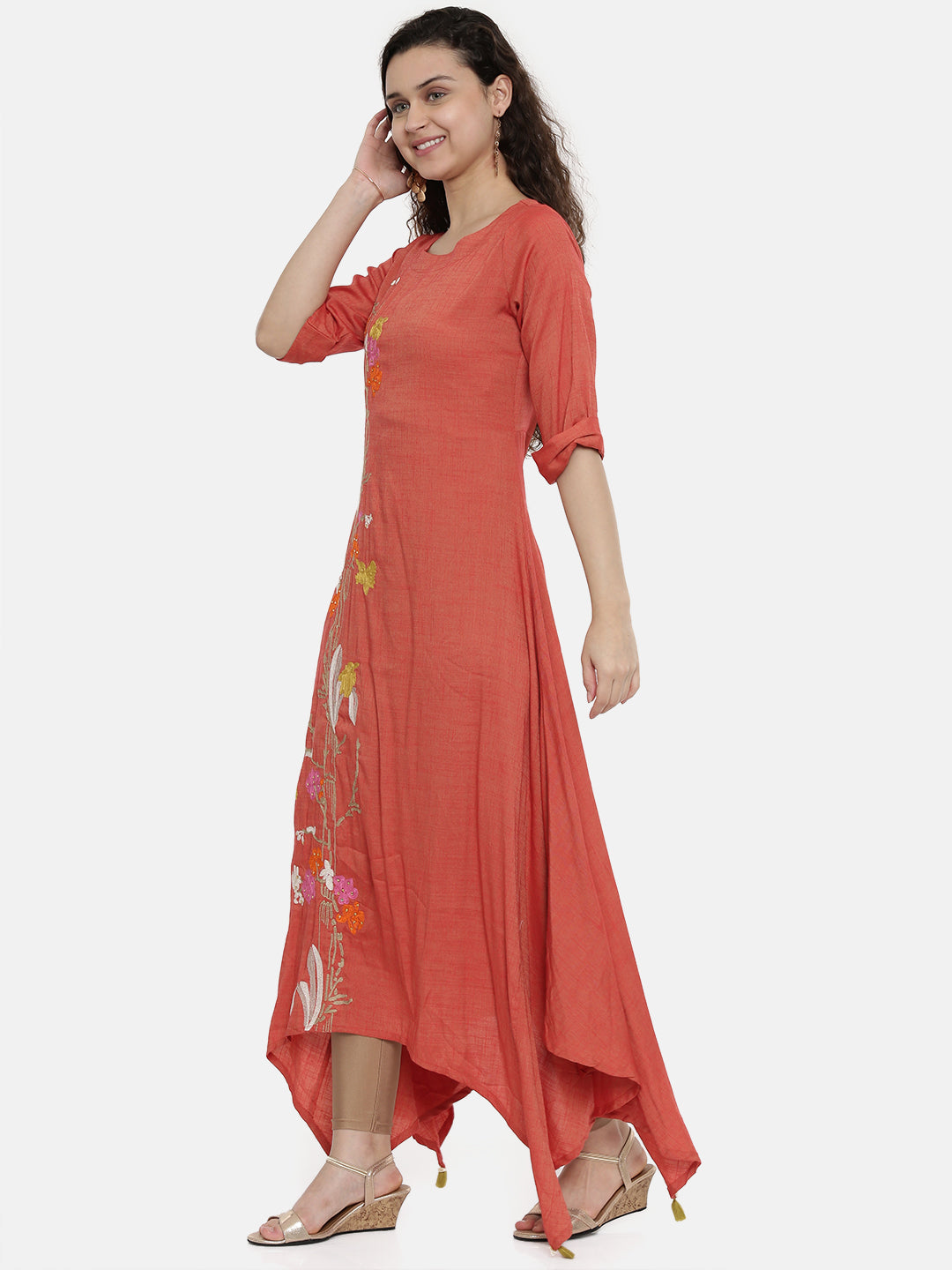 Neerus Orange rayon embroidered asymmetric A-line kurta - detail view 2