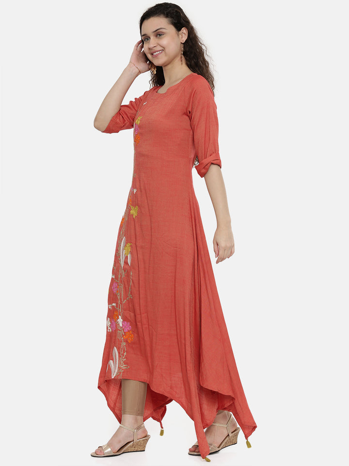 Neerus Orange rayon embroidered asymmetric A-line kurta - detail view 2